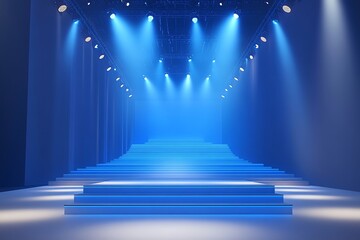 Poster - Empty stage with blue lighting and stairs for a fashion show or a concert.