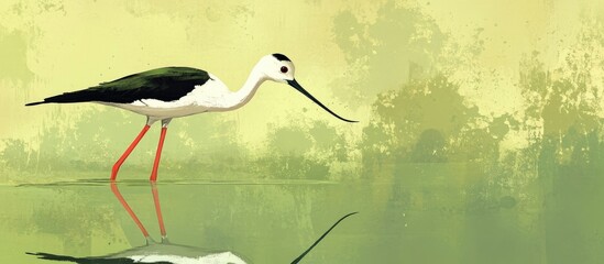 Black winged Stilt wading in green water with its long curved beak