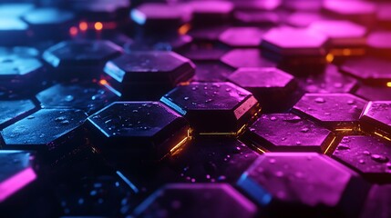 Poster - Abstract Hexagon Pattern with Neon Lights and Water Droplets