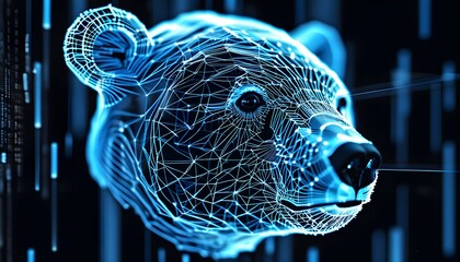 Wall Mural - Futuristic bear head design in blue wireframe, illustrating the fusion of technology and data visualization.