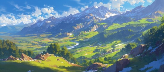 Painting of a stunning natural park located in the Pyrenees known for its breathtaking landscapes and popularity among visitors