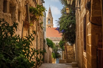 Ancient St. Peter Church in Jaffa old city seen from narrow alleys. Israel landmark, historic architecture, ancient streets. Tourist path, travel destination. Church building, ancient stone, Israeli