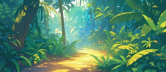 Wall Mural - Tropical rainforest scene featuring a winding path through lush greenery