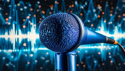 Wall Mural - Blue microphone with sound wave graphic, representing audio recording and sound check