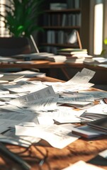 A cluttered office desk filled with scattered papers and documents, with bookshelves in the background and natural light coming through the window.