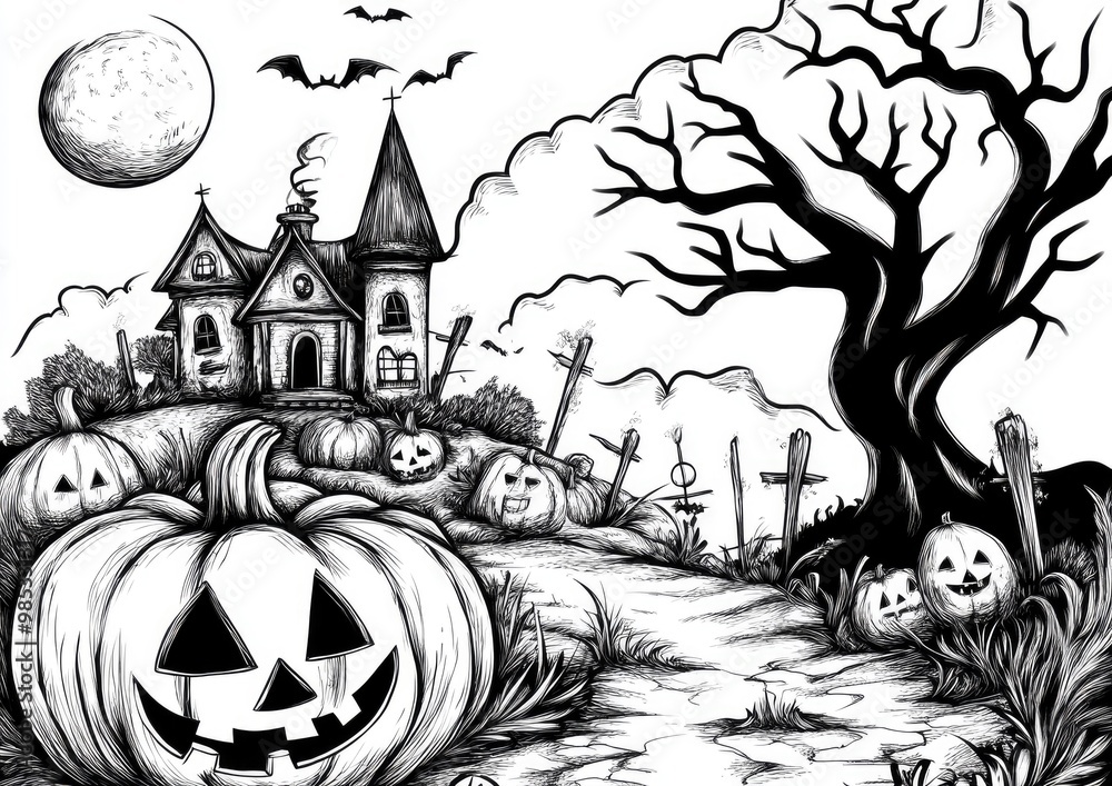Halloween themed coloring graphic featuring a black and white sketch ...