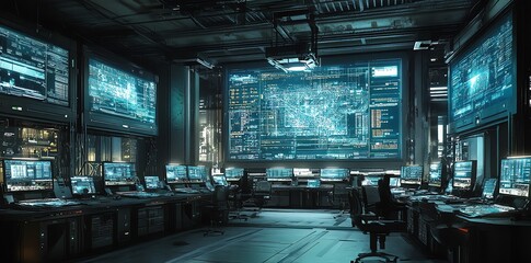 Poster - Futuristic control room with multiple computer screens displaying data and information.