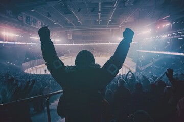 Hockey players celebrate victory in a packed stadium at night. A player stands on the ice with arms raised as fans cheer and hold up signs around him. The atmosphere is electric with excitement.