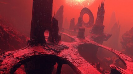 Poster - Fractal landscape featuring large structures and platforms interconnected in a vibrant red environment on an alien world