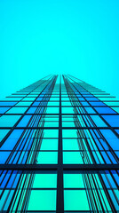 Poster - A low angle view of a skyscraper's glass facade against a bright blue sky.