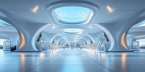 Poster - Futuristic interior with a view of the sky through a large window in the ceiling.