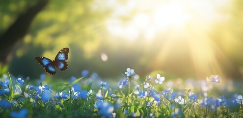 a blue morpho butterfly flies over a field of blue flowers in the sunlight.
