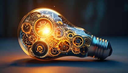 Poster - Illuminated light bulb with complex gears, embodying the blend of machine learning, creativity, and technological innovation