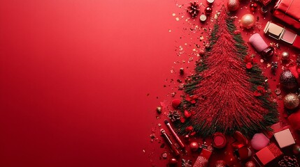 Wall Mural - festive red christmas composition with pine tree silhouette, ornaments, gifts, and glitter on vibran