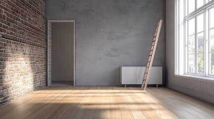 Wall Mural - Empty room with wooden floor, grey wall and brick wall, door and window.