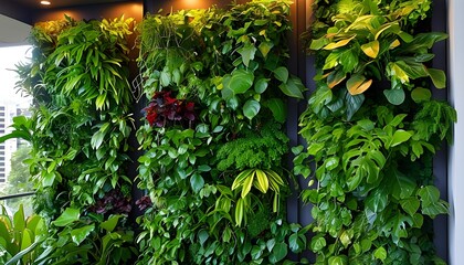 Wall Mural - Lush vertical garden panel showcasing diverse green plants for vibrant urban decor and gardening inspiration