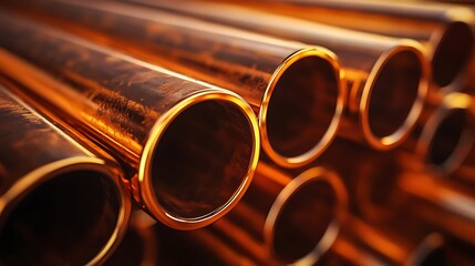 Close-Up of Shiny Copper Pipes Stacked Together