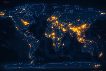 Leinwandbilder - Futuristic World Map with Glowing Cities and Network Connections.