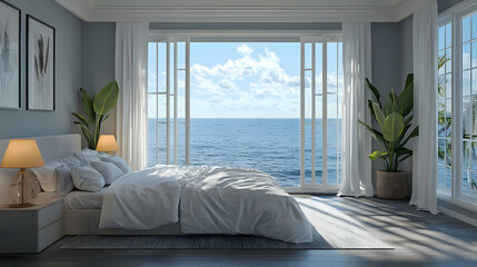 Coastal Bedroom Interior Design with Ocean View 3D Render