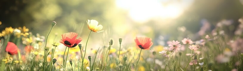 Wall Mural - a field of wildflowers in soft sunlight, with red poppies, a yellow flower, and delicate pink blooms