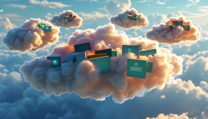 Digital cloud in the sky representing data synchronization and the essence of cloud computing technology