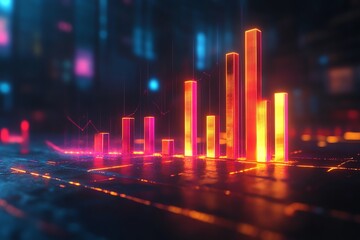 Fototapete - Glowing bars with a line graph on a dark background.