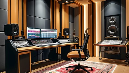 Modern podcast recording studio with professional equipment, soundproofing panels, quality microphones, mixing console, and ergonomic seating designed for comfort and creativity.