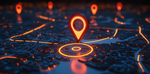Poster - Glowing red location pin on a futuristic city map with glowing lines.