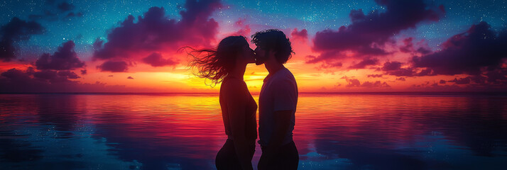 Poster - Silhouette of a couple kissing at sunset.