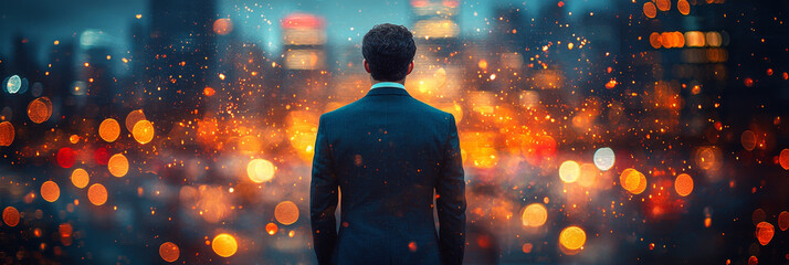 Sticker - Man in suit looking at city lights.