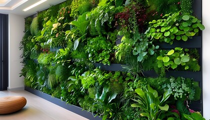 Vibrant vertical garden panel featuring a diverse collection of lush green plants, ideal for modern urban environments and sustainable decor