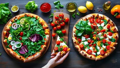 Wall Mural - Navigating Dietary Choices: The Struggle Between Healthy Salad and Tempting Pizza in Pursuit of Fitness Goals