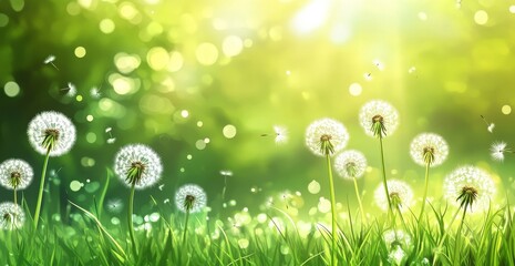 Wall Mural - dandelion seeds float in a gentle breeze with a green grass background and sunlight.