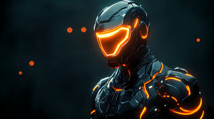 A futuristic robot figure in sleek dark metallic armor with glowing orange accents stands in a dimly lit environment and a helmet with a glowing visor. Futuristic Armor. Illustration