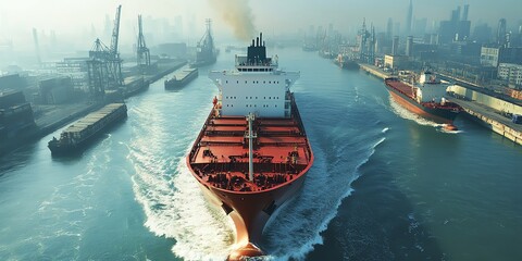 Poster - Large cargo ship sailing in a harbor with a city skyline in the background.