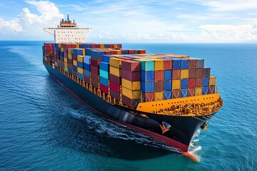 Poster - Large cargo ship sailing on blue ocean under a clear sky.