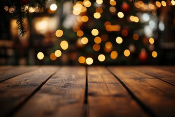 Poster - Wooden table top with a blurred background of Christmas lights and a tree.