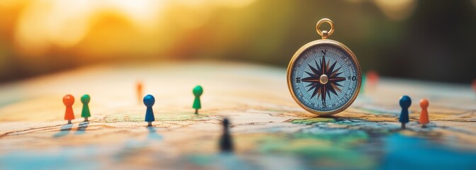 Poster - Compass on a map with push pins showing a journey.
