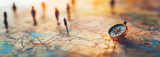 Poster - A compass rests on a map with pins indicating potential destinations.