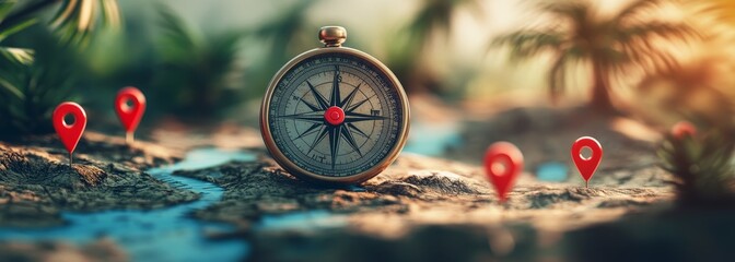 Aufkleber - A vintage compass sits on a map with red push pins marking destinations.