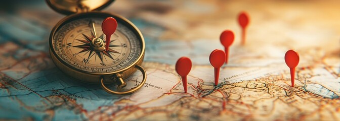 Poster - Closeup of an antique compass on a vintage map with red pins marking locations.
