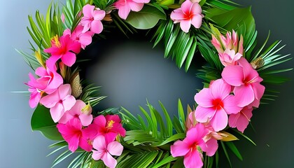 Wall Mural - Tropical wreath of vibrant pink flowers intertwined with lush green leaves for a festive celebration