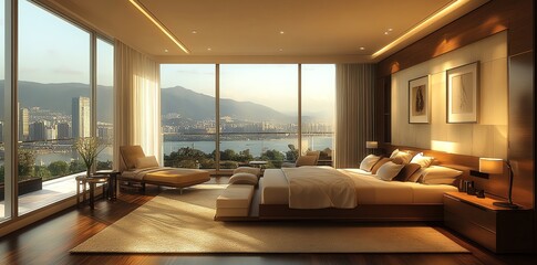 Aufkleber - Modern bedroom with large windows overlooking a city skyline and water.