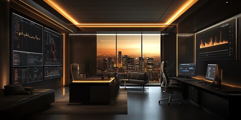 Poster - Modern black office with large windows overlooking a city skyline at sunset.  The room has a large desk, chairs, and several screens displaying financial graphs.
