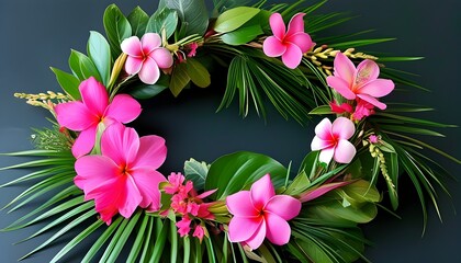 Wall Mural - Tropical wreath of vibrant pink flowers intertwined with lush green leaves for a festive celebration