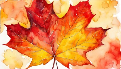 Wall Mural - Vibrant watercolor depiction of a maple leaf showcasing rich shades of red, orange, and yellow.