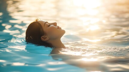 Wall Mural - Generative AI Image of Beautiful Attractive Woman Swimming in Hotel Pool with Sunlight