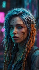 Cyberpunk Woman with Blue and Orange Hair in Neon City