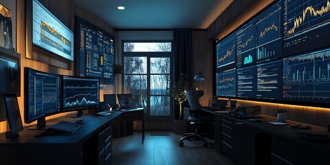 Aufkleber - Modern home office with large monitors displaying financial data, a desk with a keyboard, and a comfortable chair.