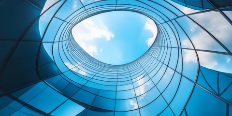 Aufkleber - Looking up at the sky through the curved glass panels of a modern building.